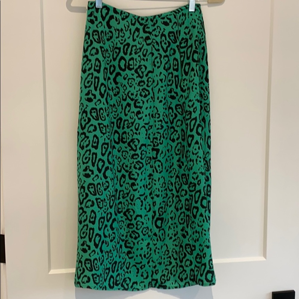 WAYF Green Leopard Print Midi Skirt